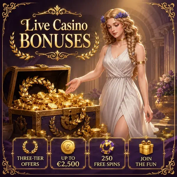 Elegante Muse greift nach Schatztruhe, die mit LiraSpin Live-Casino-Bonusmünzen überquillt