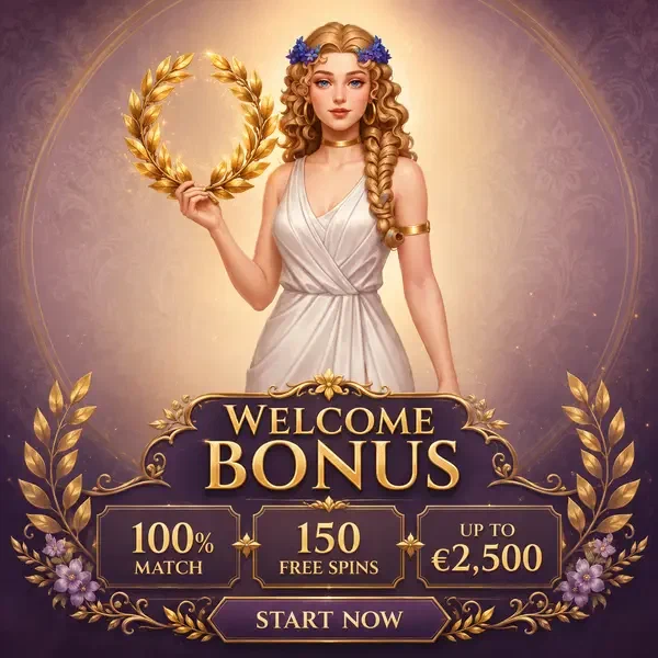LiraSpin Muse hält anmutig goldenen Lorbeerkranz für Willkommensbonus-Feier