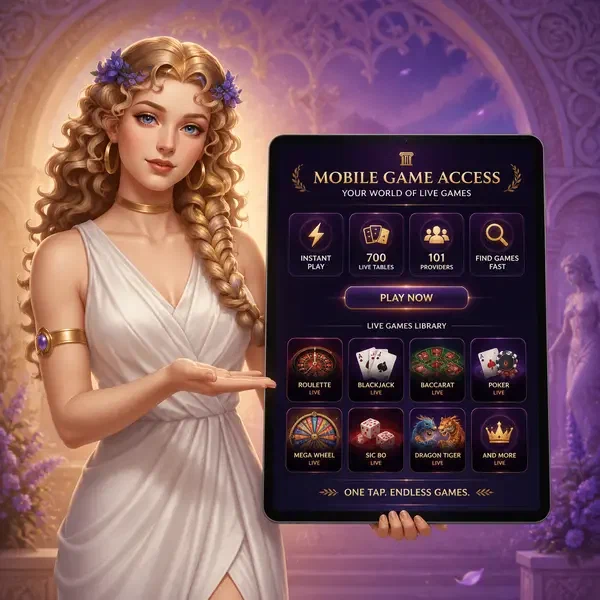 Klassische Muse präsentiert mobile App-Oberfläche mit Sofortspiel-Spielen in der Spielbibliothek